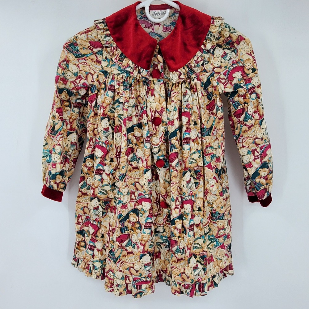 Rare Editions Girls Vintage Teddy Bear Print Dress Red Velvet Collar Holiday
